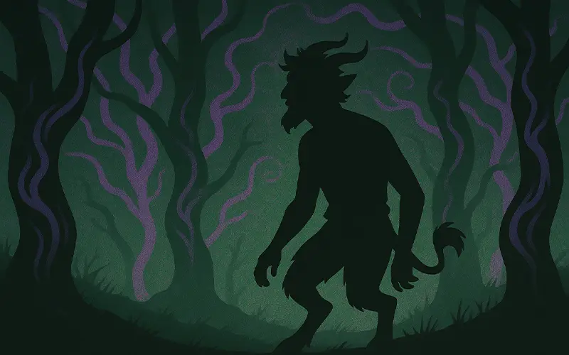 Satyr silhouette sensing corrupted magic in the forest